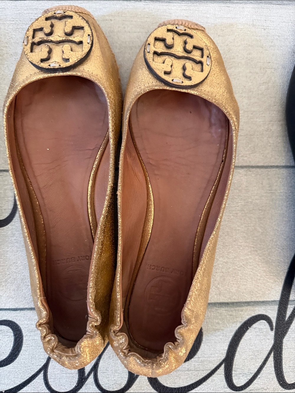 Tory Burch Metallic Gold Logo Ballet Flats